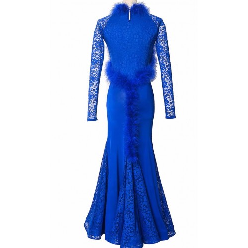 Black red royal blue lace feather ballroom dance dresses for women girls waltz tango flamenco foxtrot smooth dancing long gown for female
